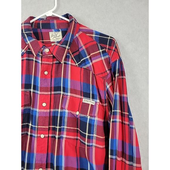 Lucky Brand 100% Cotton Red Blue Plaid LS Pearl Snap Western Shirt Men's XL - Picture 4 of 12